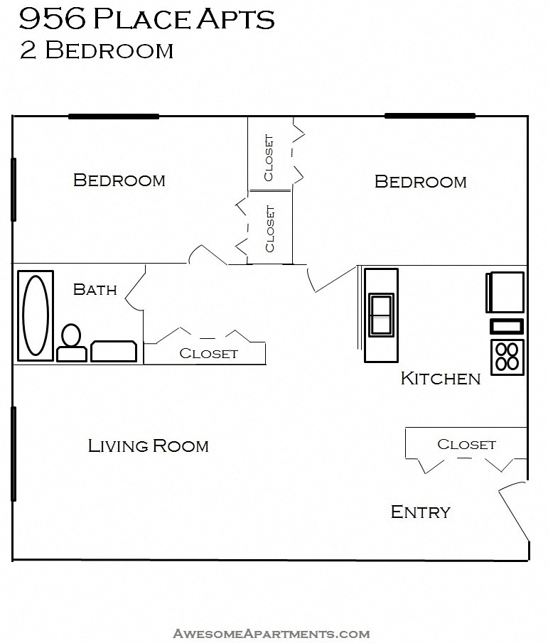 Floor plan for 2 beds, 1 bath, 900 sqft